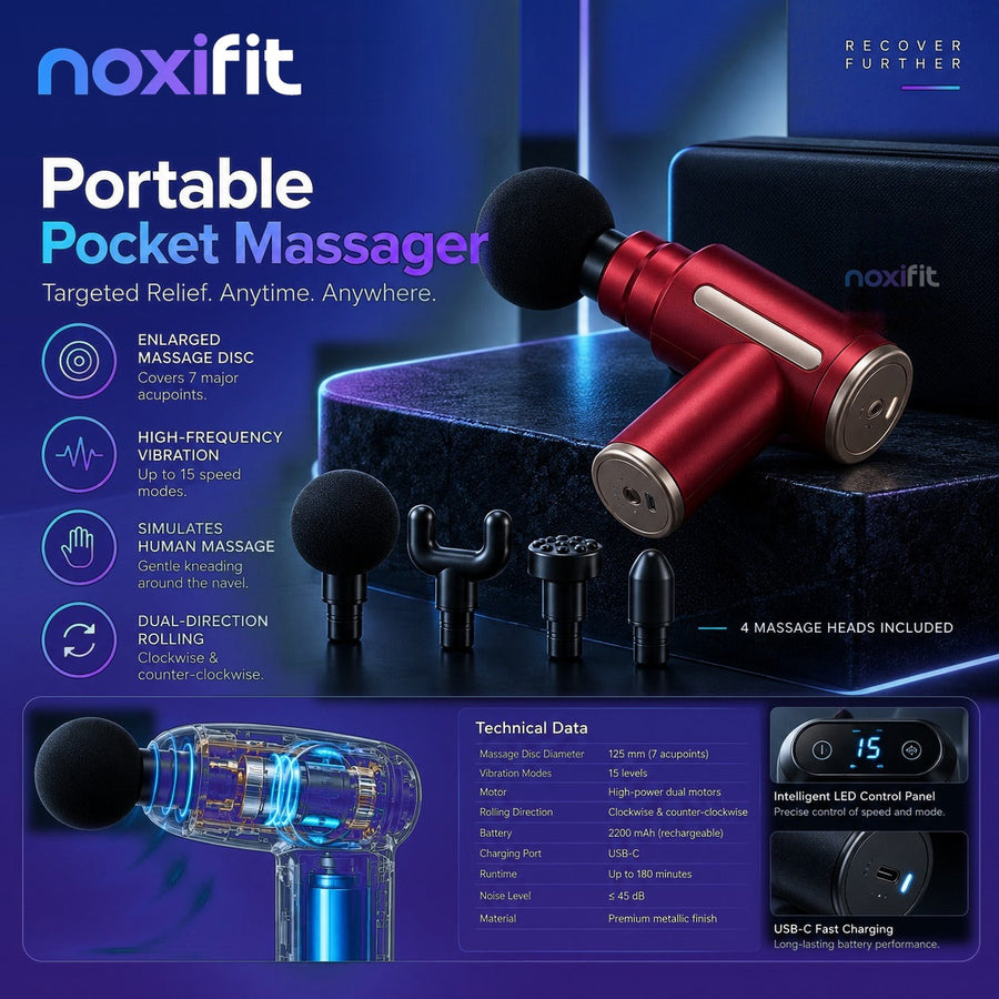 Mini Fascia Gun NoxiFit portátil de bolsillo: infografía de características